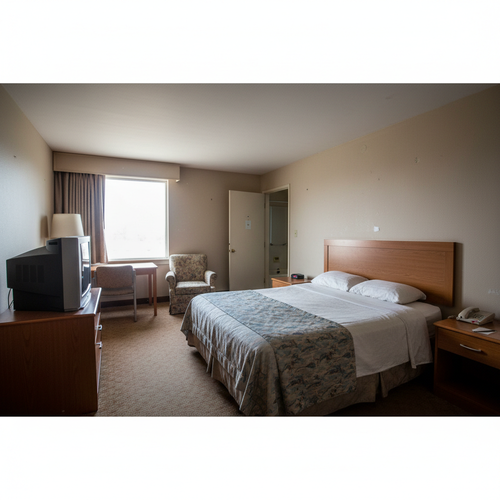 Basic hotel bathroom with standard tiles before renovation