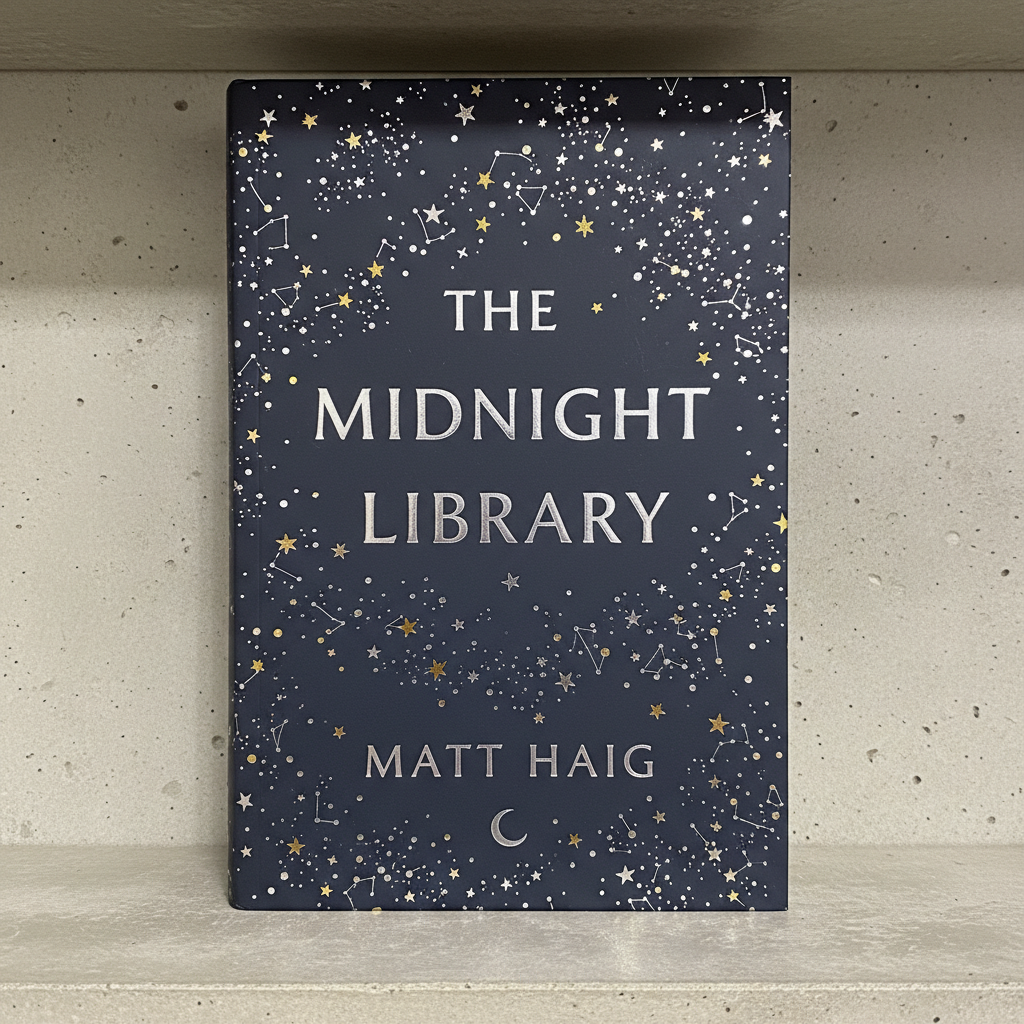 The Midnight Library cover with dark blue library shelves at night