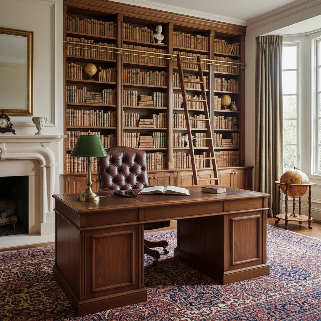 Bespoke home study with floor-to-ceiling walnut shelving, custom leather desk, and warm recessed lighting