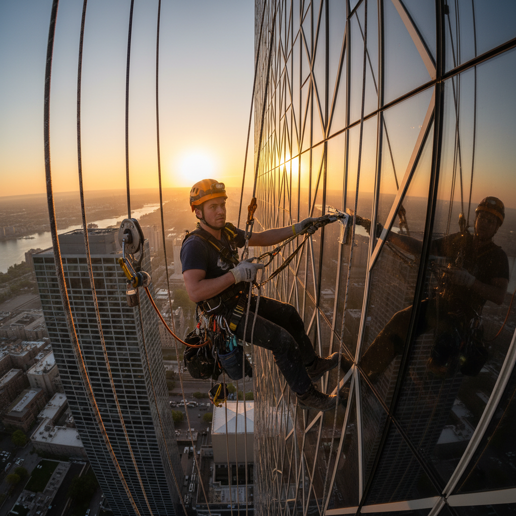 Gleam technician in full harness rigging equipment on high-rise building exterior at sunrise