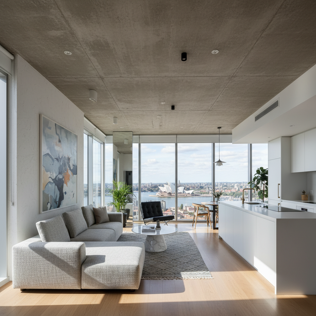 Luxury apartment with creek harbour view, floor to ceiling windows, modern interior, bright natural light, open plan living