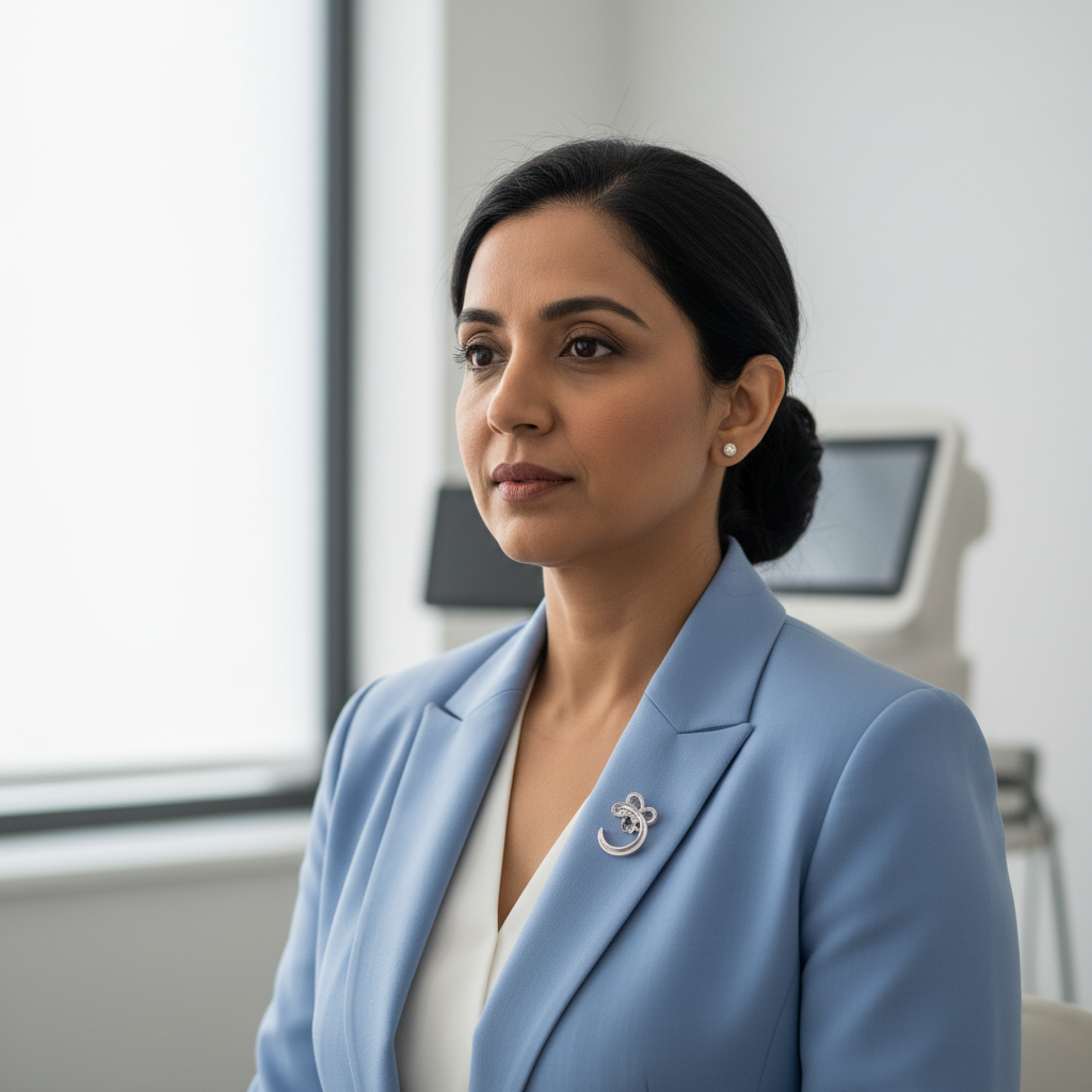 Professional Indian woman doctor in her 40s in bright office environment
