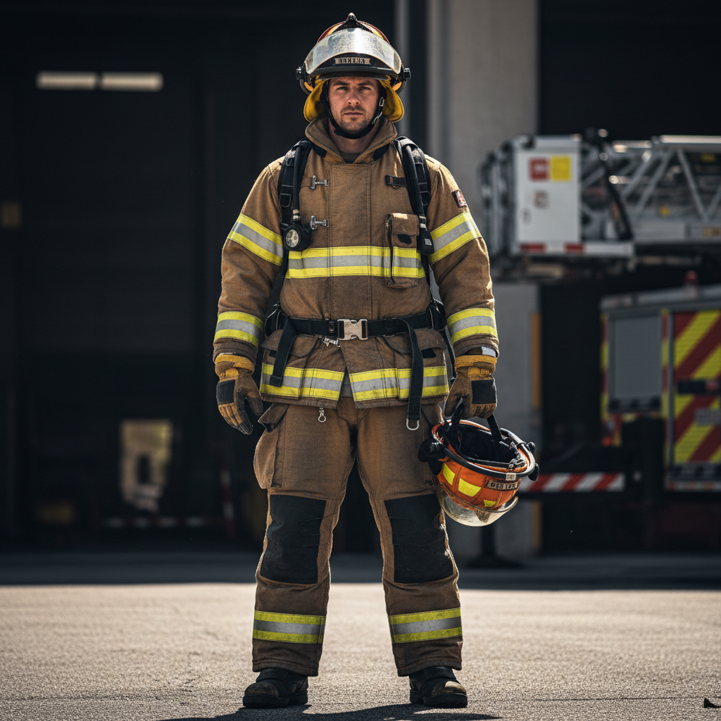 Firefighter in full structural bunker gear, turnout coat with reflective trim visible
