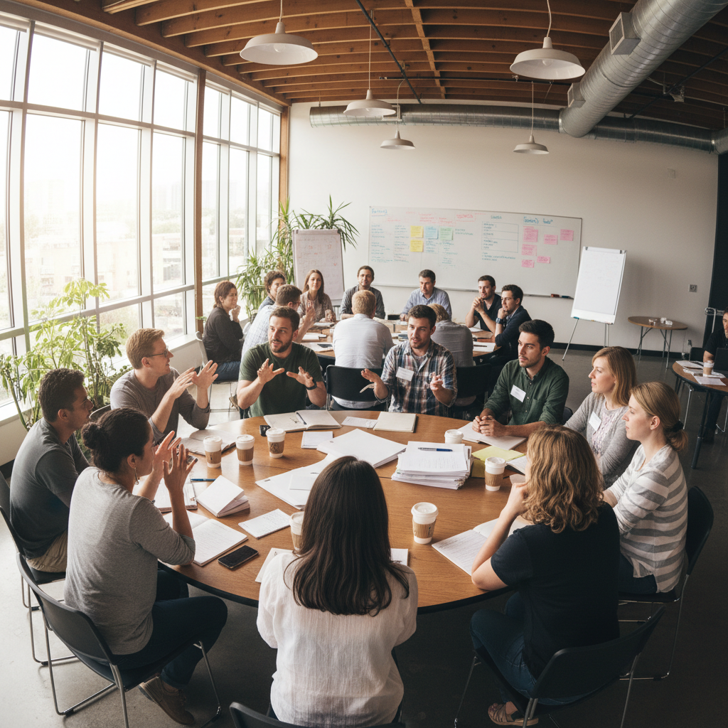 Diverse group of professionals gathered around a conference table in discussion, natural daylight, clean modern office interior