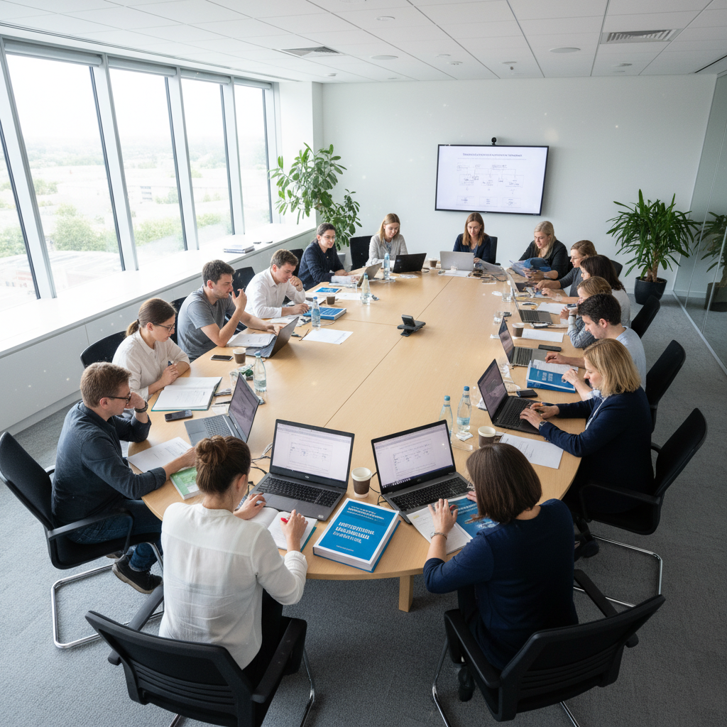 Bright conference room with large windows, team members in a collaborative meeting around a white table with laptops and notebooks