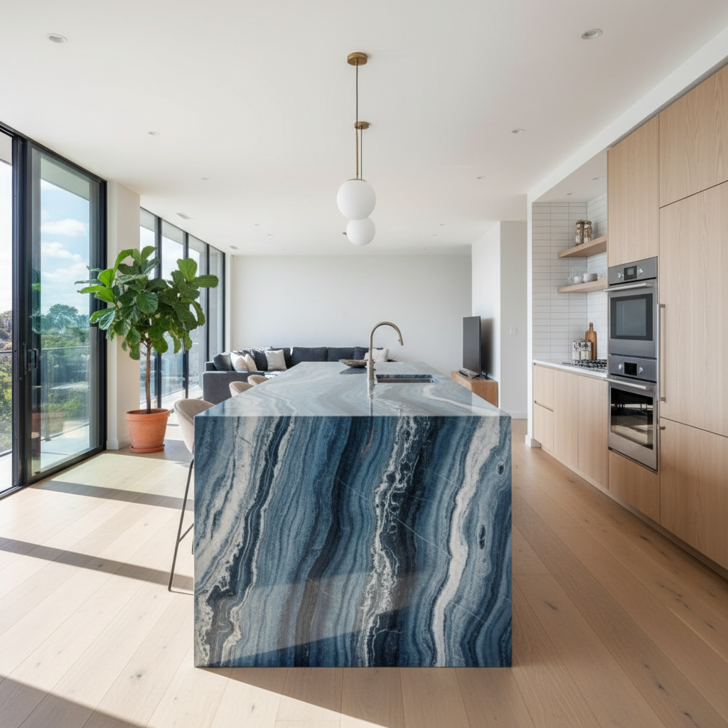 Large kitchen island with dark Dekton surface, contemporary kitchen design, waterfall edge detail
