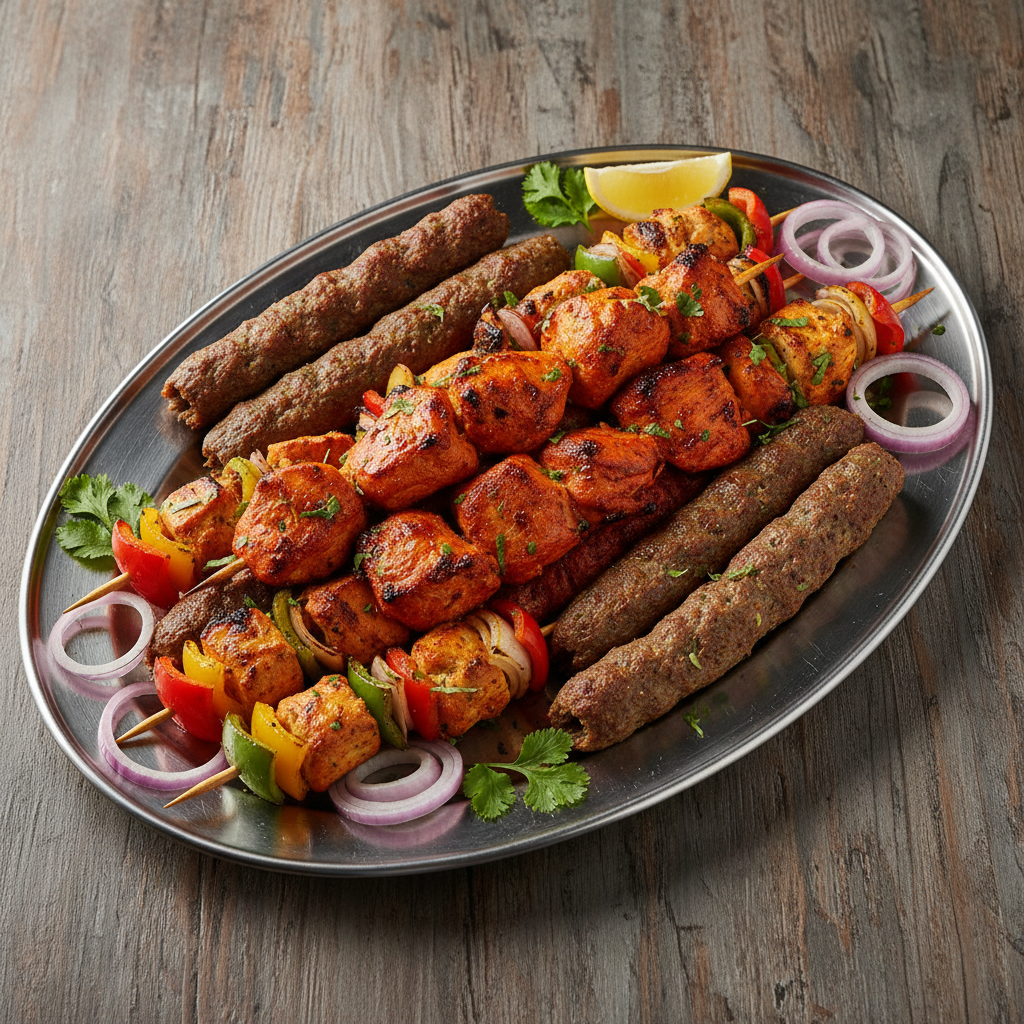 Sizzling mixed grill platter with seekh kebabs, shish tawook, lamb chops, and grilled prawns on a hot plate