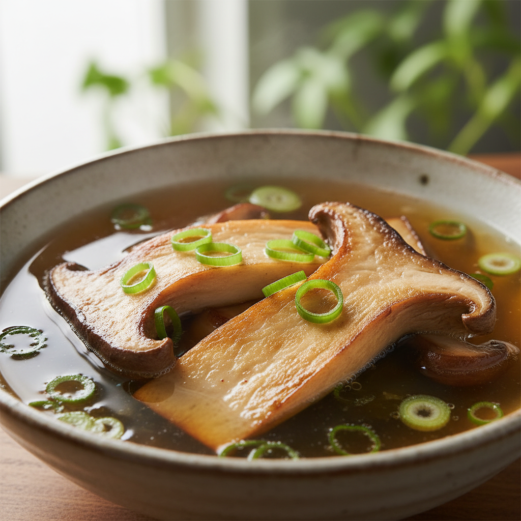 King oyster mushrooms golden-seared in clear kombu dashi broth with green scallions in a white ceramic bowl