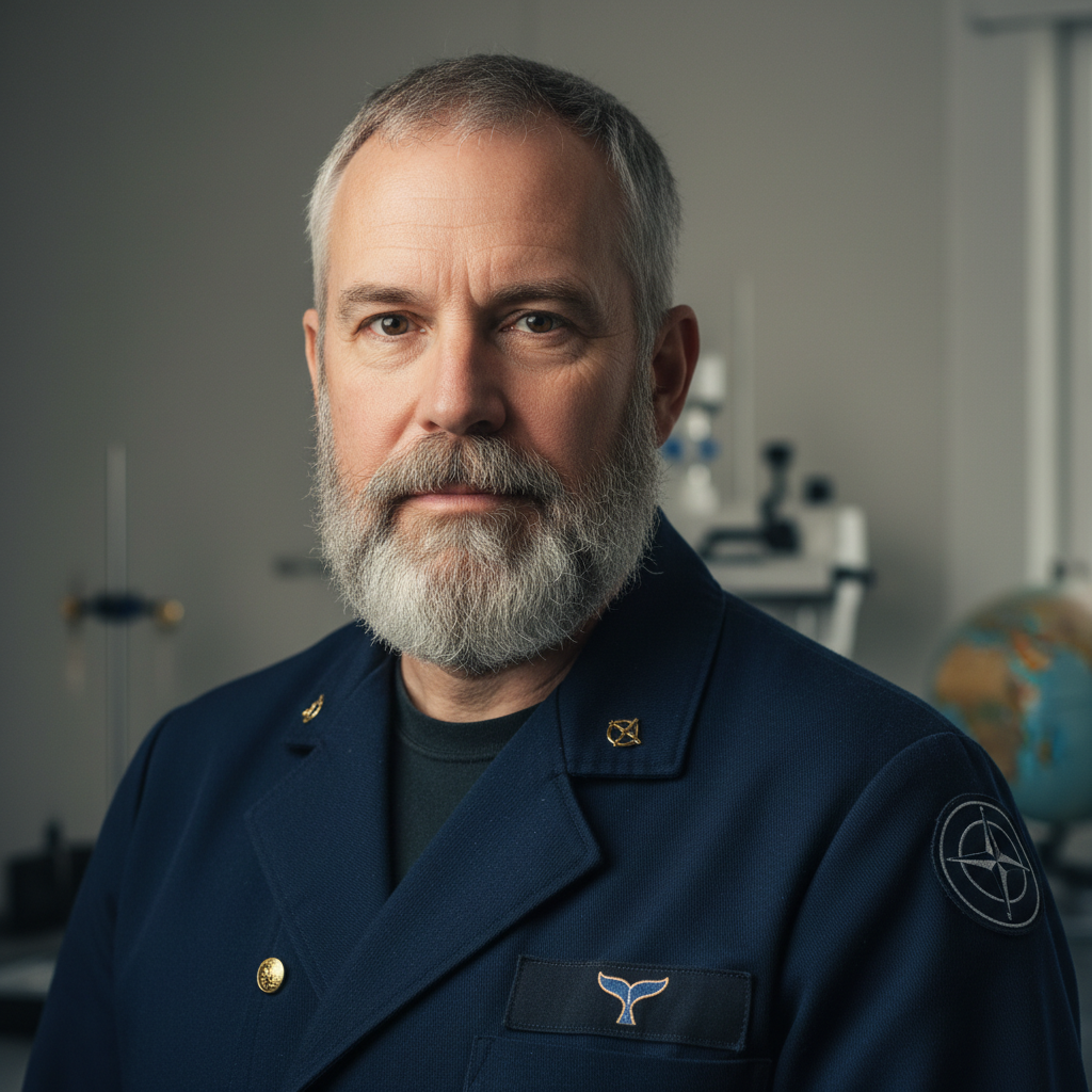 Professional headshot of middle-aged man with gray hair in navy uniform