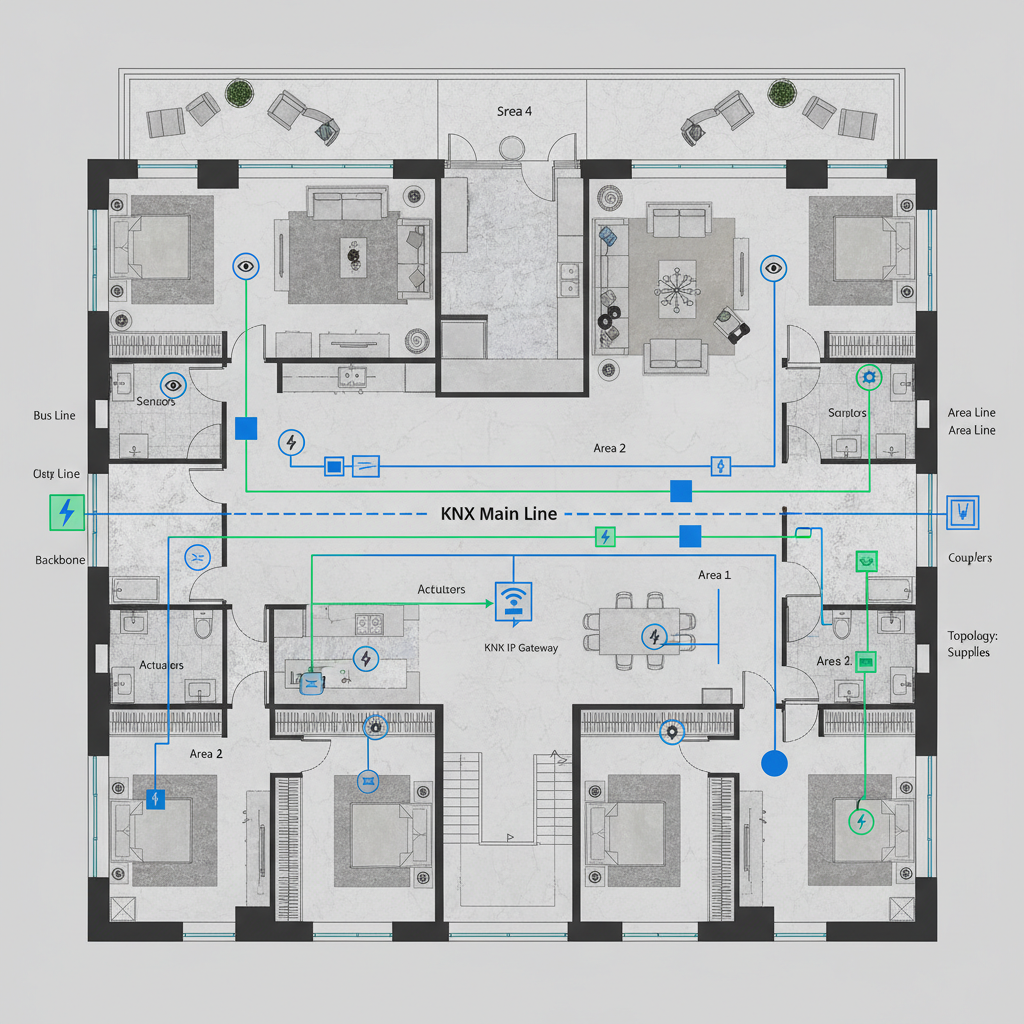 KNX bus topology diagram overlaid on a luxury residential floor plan