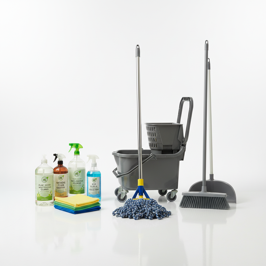 Professional house cleaning service with mop and cleaning equipment in bright home