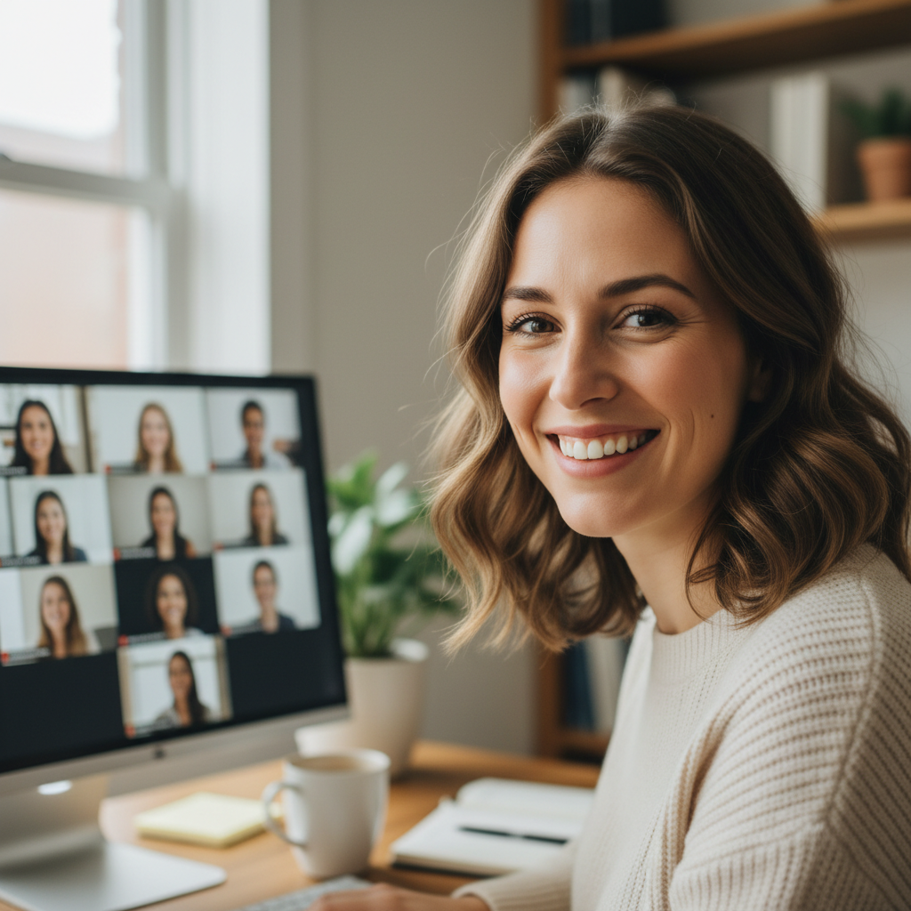 Woman smiling warmly during a virtual cohort call