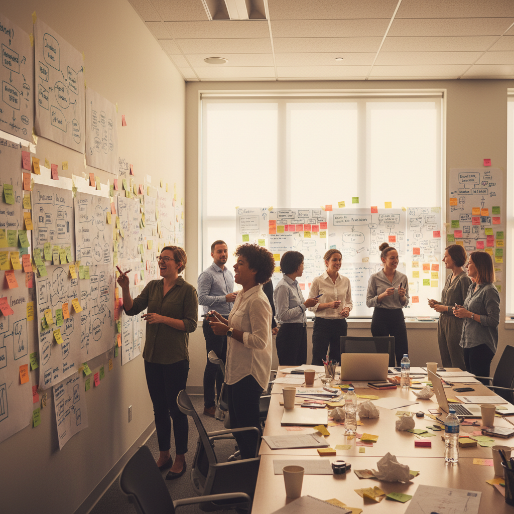 Same conference room transformed after a workshop session — walls covered in sticky notes and frameworks, people standing and pointing, markers uncapped, someone laughing mid-sentence