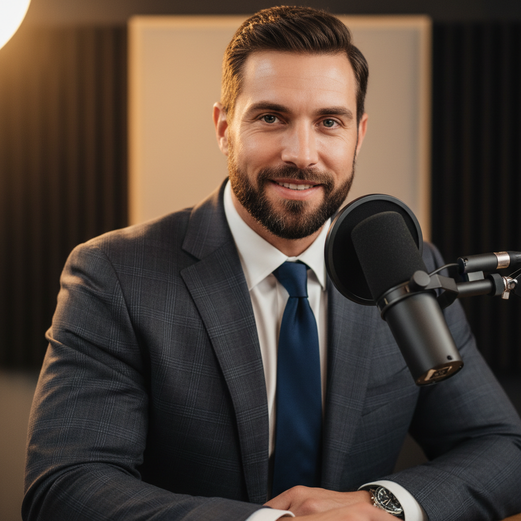 Athlete in tailored suit at podcast microphone, soft key lighting, studio background