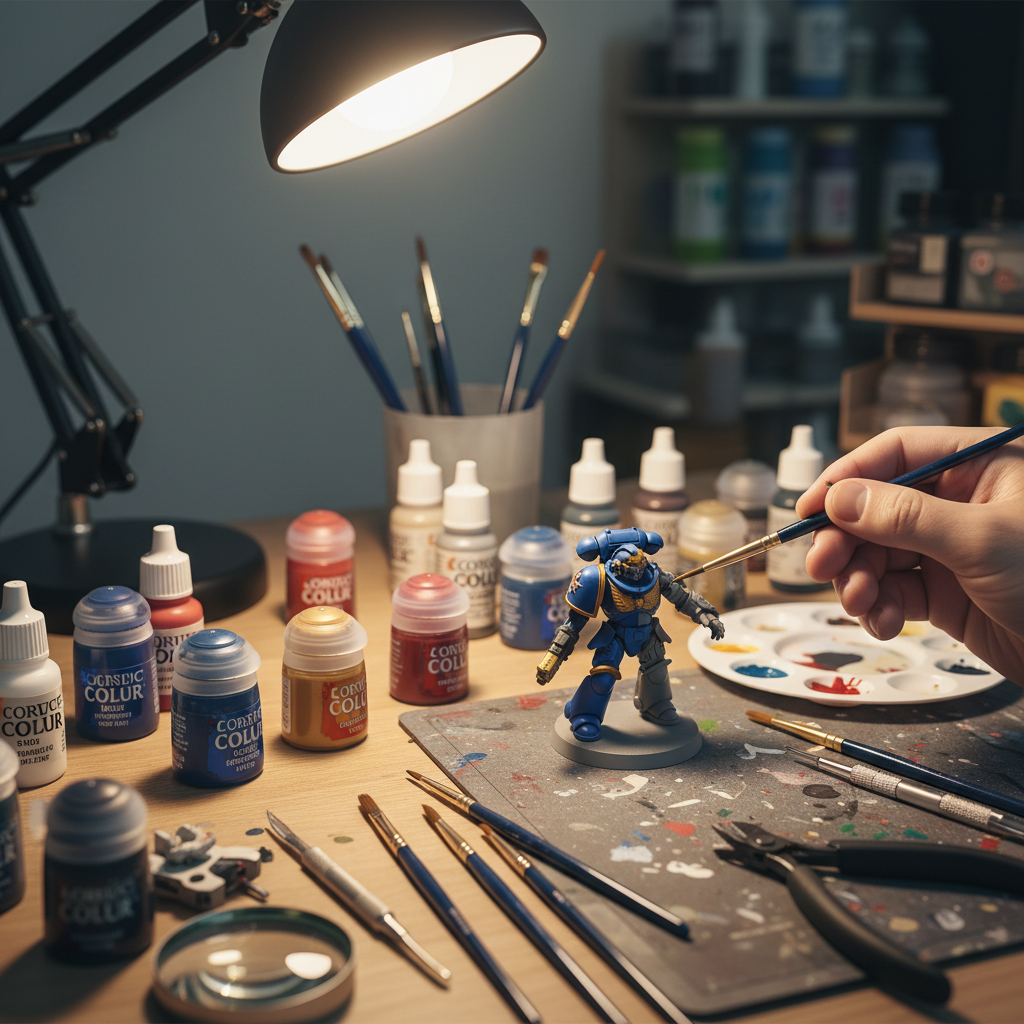 Close-up workbench with miniature paints, brushes, and a half-painted Space Marine under a daylight lamp