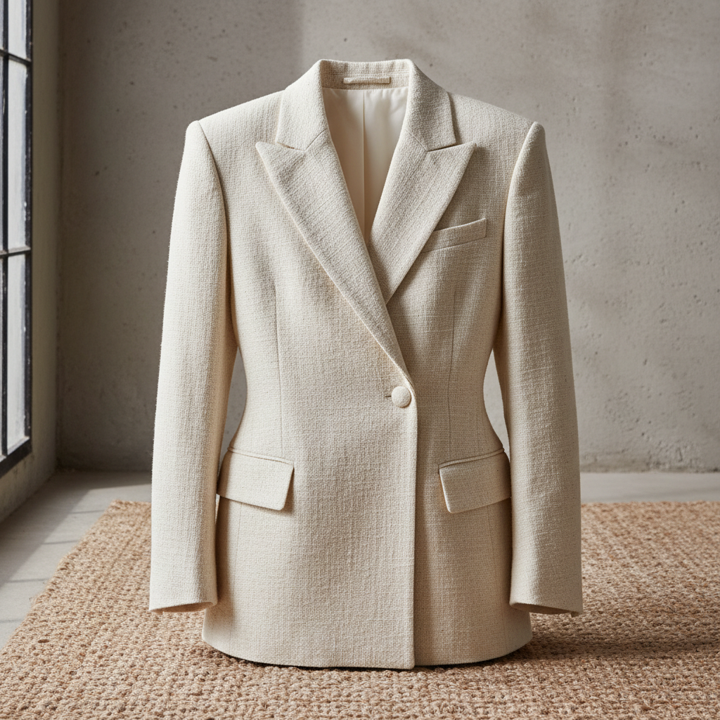 Cream unstructured linen blazer on a mannequin with natural light background