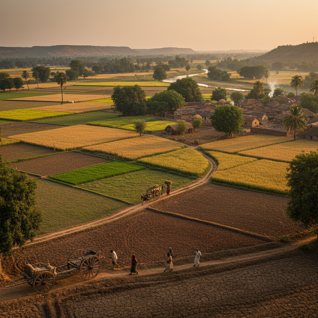 Traditional Indian village with mud houses, bullock cart and green agricultural fields in background