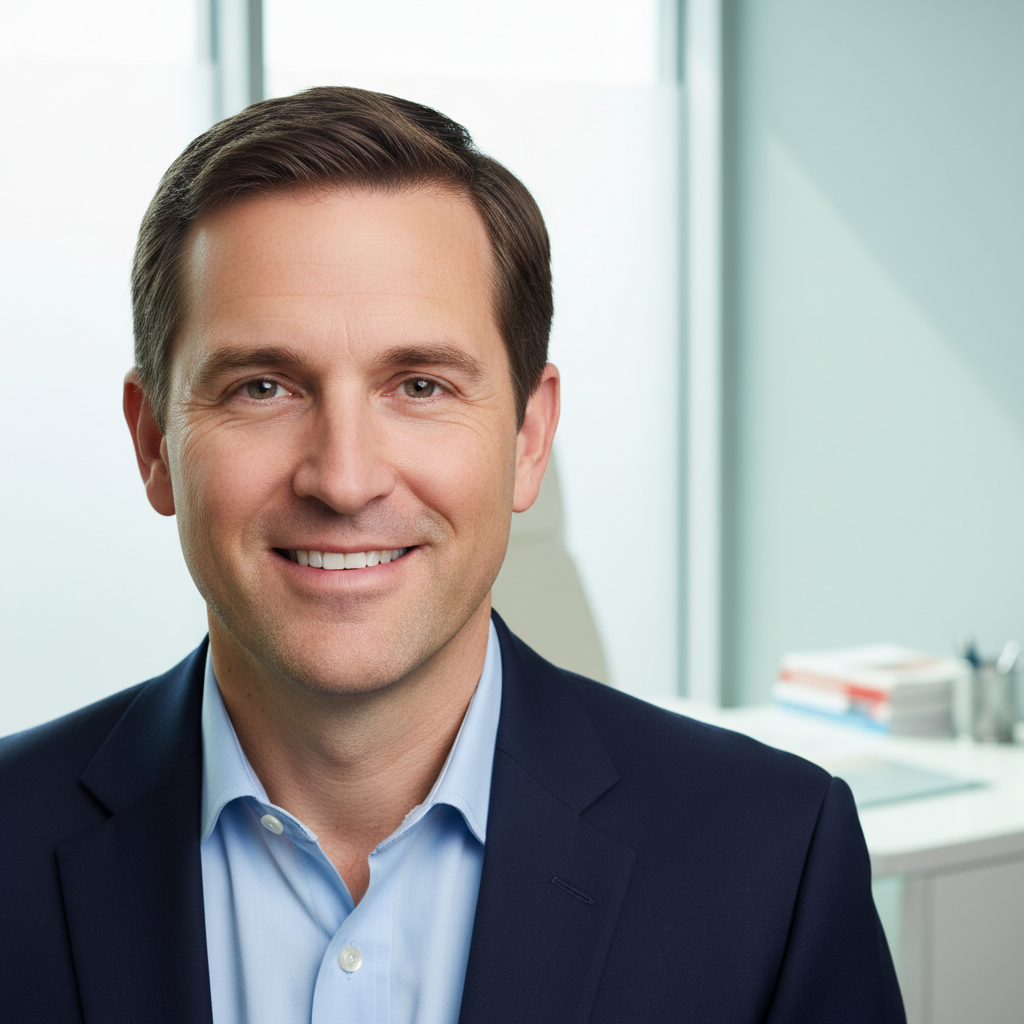Professional headshot of male wellness coach with thoughtful expression in a well-lit office
