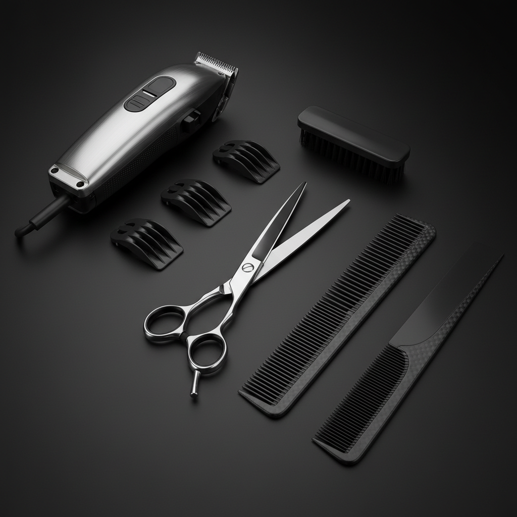 Barbershop tools laid out on a dark surface — clippers, scissors, combs, and a straight razor in dramatic lighting