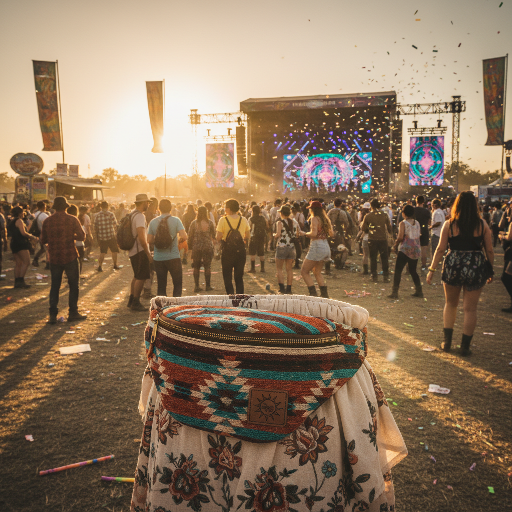 Belt bag worn at a music festival in golden afternoon light