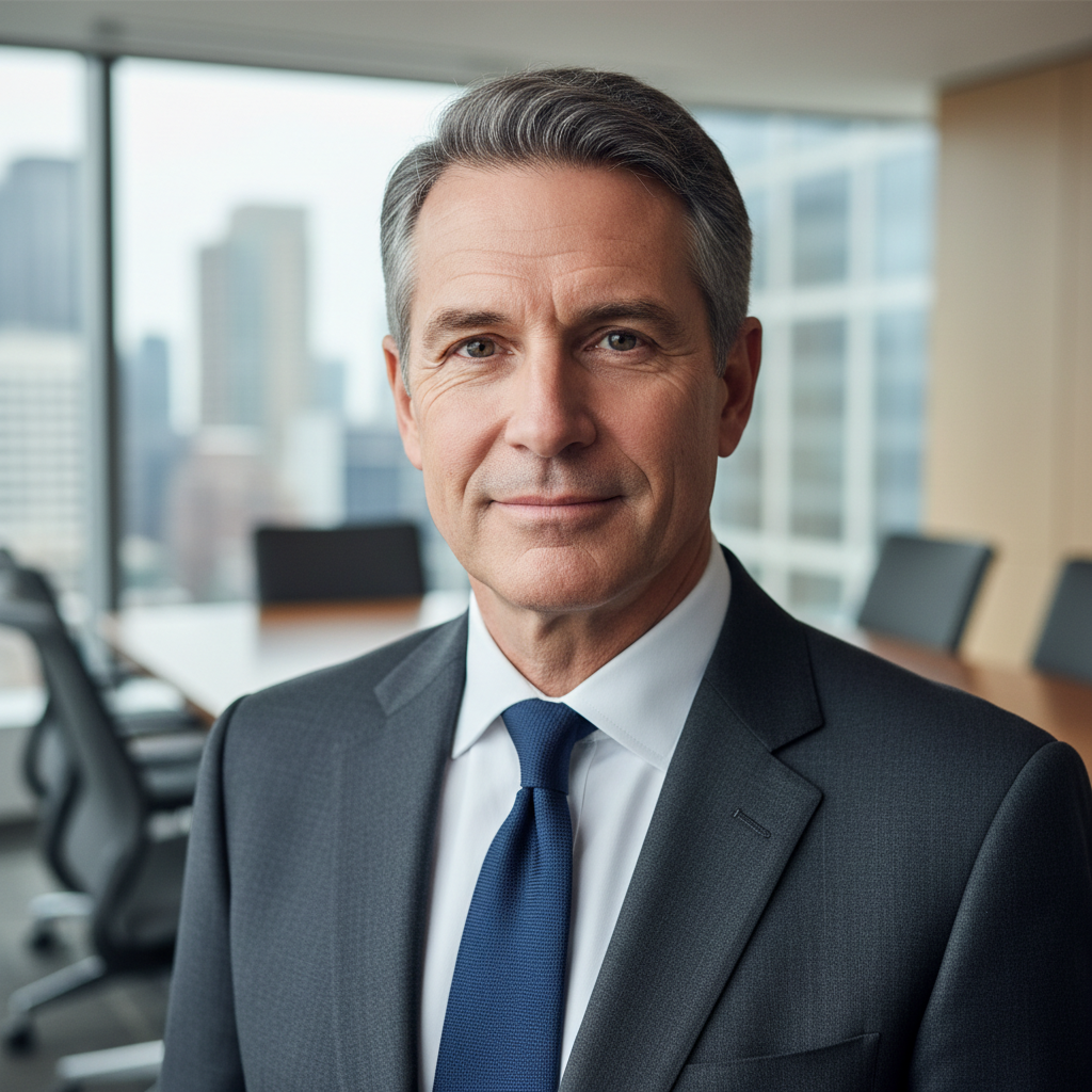 Male CEO in charcoal suit, shallow focus, boardroom environment softly blurred behind