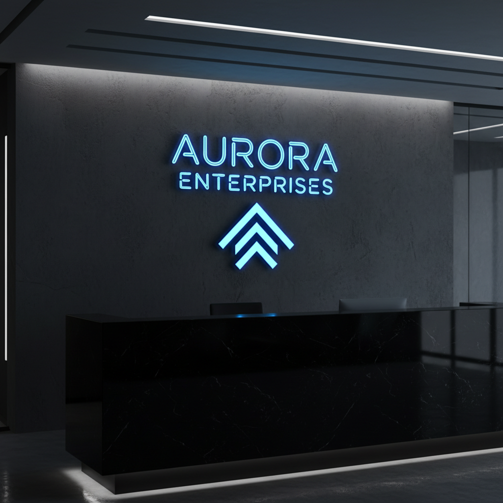 Corporate office neon logo sign glowing blue in modern dark reception area