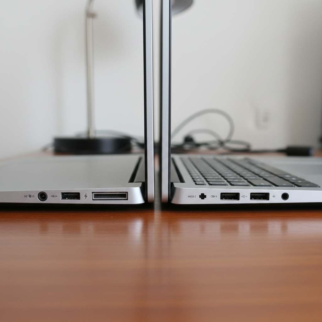 Person comparing two laptops side by side on wooden desk, bright airy room, natural light from window