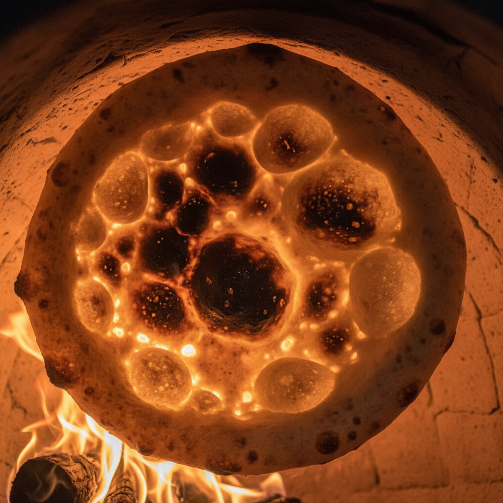 Flat bread blistering over open flame on a clay tandoor