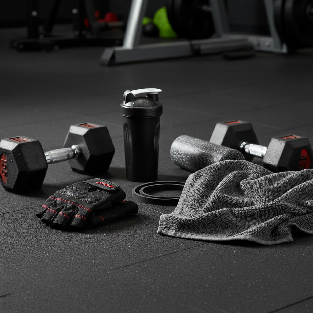 Premium workout accessories including gloves and straps on a clean surface