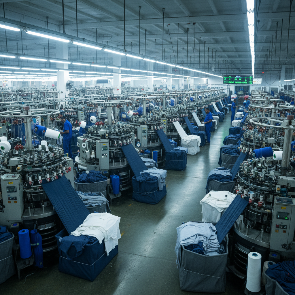 Tirupur knitwear factory with automated knitting machines producing cotton t-shirts and jerseys
