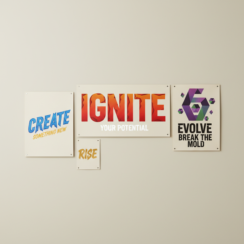 Large format advertising poster with bold typography and vivid colors displayed in a bright studio environment