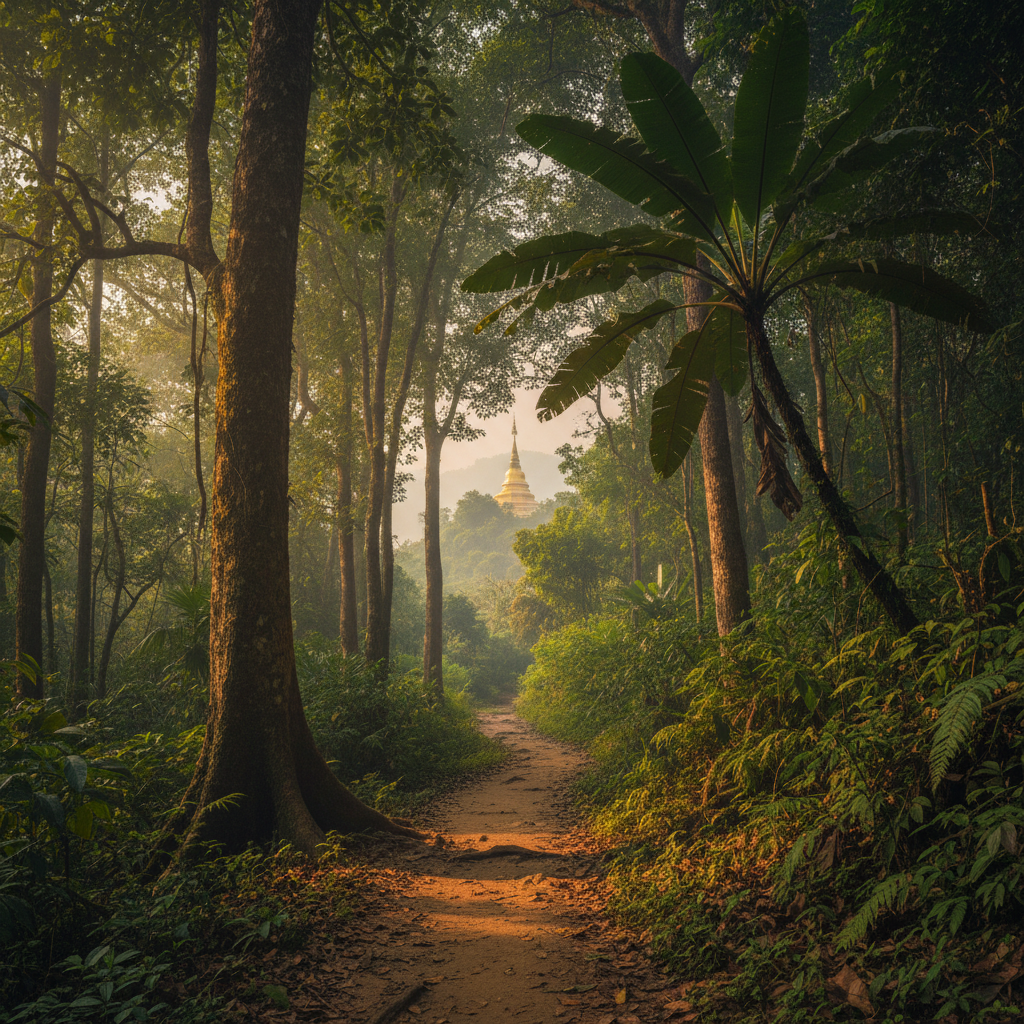 Forest trail through dense jungle leading to Doi Suthep temple on mountain above Chiang Mai