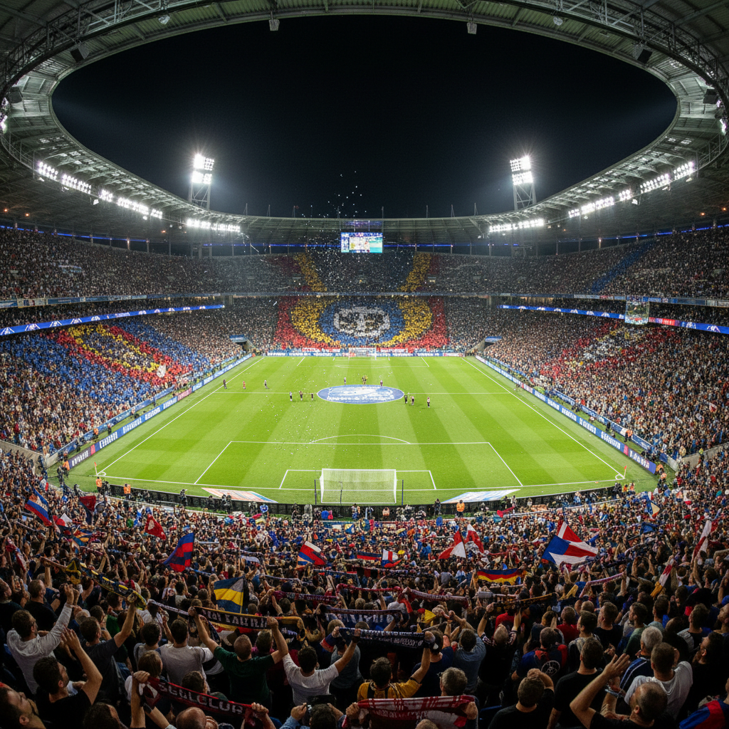 UEFA Champions League semifinal match live from stadium with crowd and floodlights
