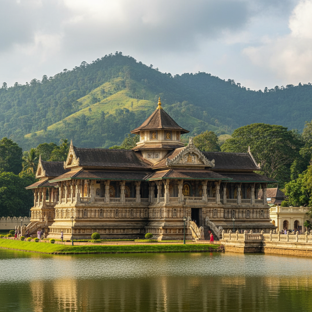 Temple of the Tooth Relic in Kandy Sri Lanka surrounded by green hills, sacred Buddhist site, ornate architecture