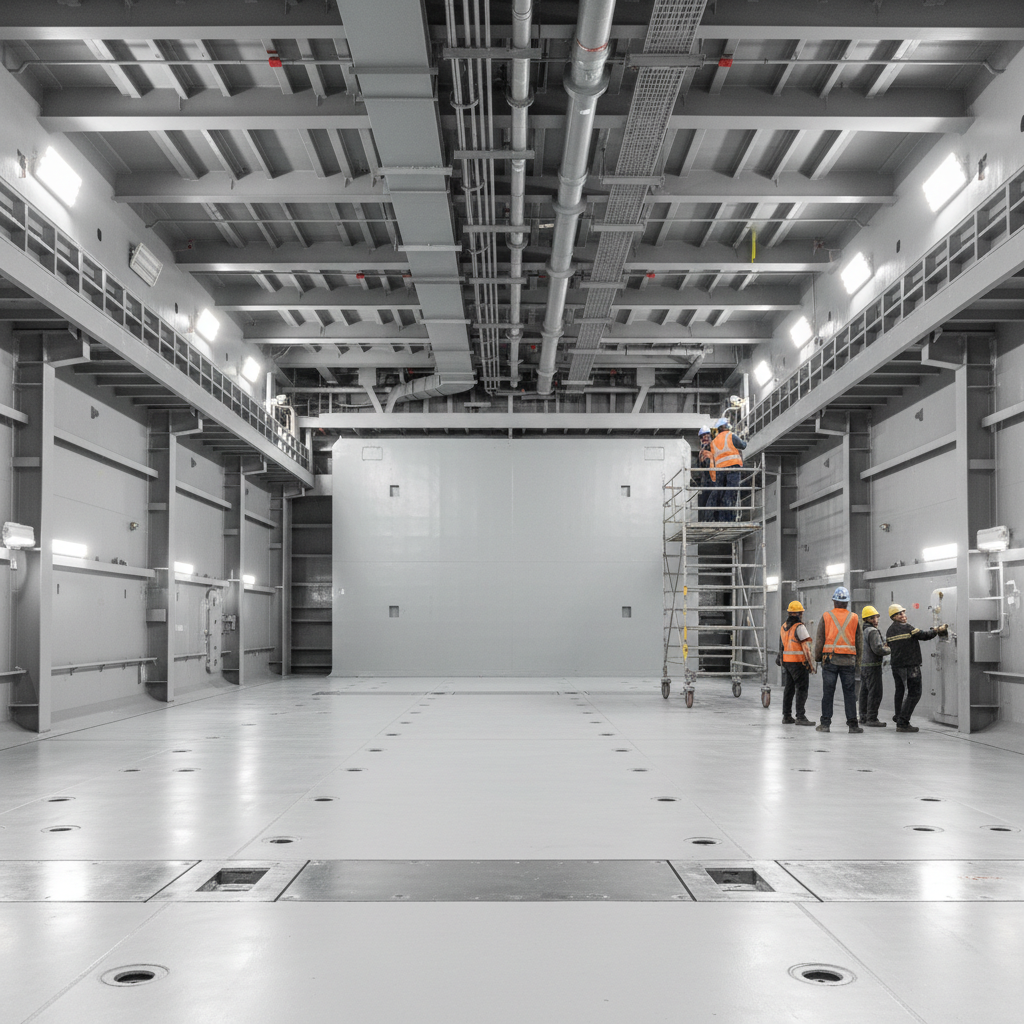 Warehouse logistics operations, dark industrial atmosphere, workers in safety vests, overhead lighting