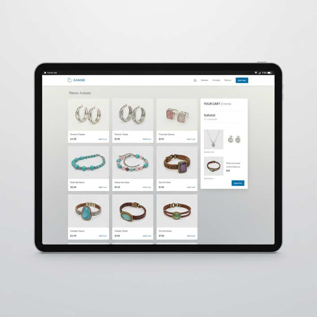Boutique en ligne sur tablette avec panier d'achat et produits affichés, interface e-commerce moderne