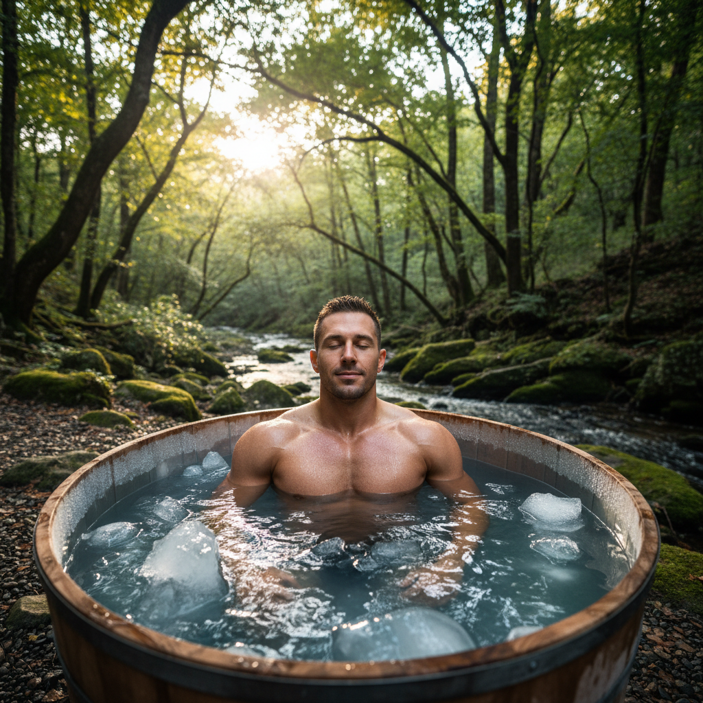 Athletic person submerged in an ice bath cold plunge recovery session outdoors