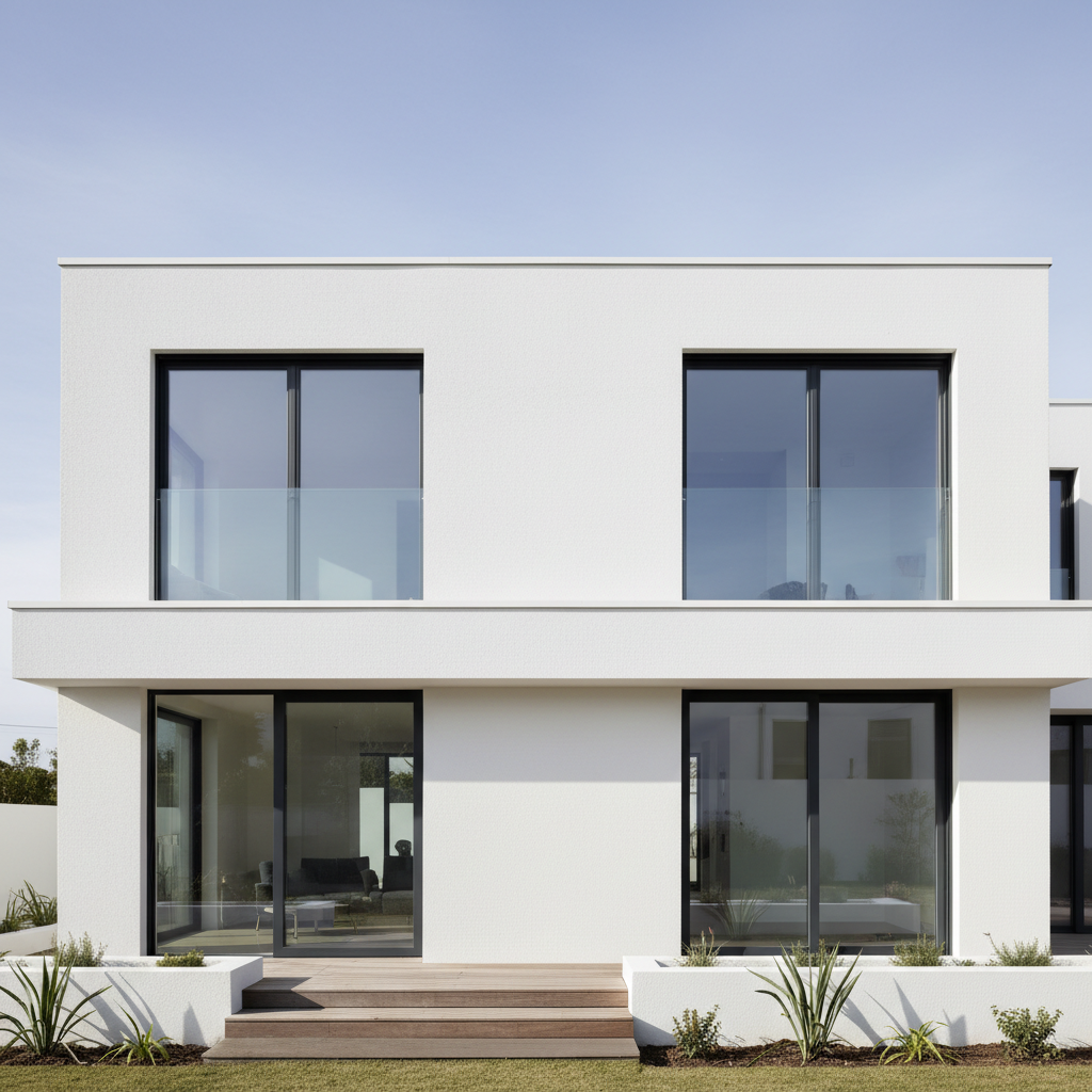 Bright conservatory with freshly painted white frames and smooth rendered walls