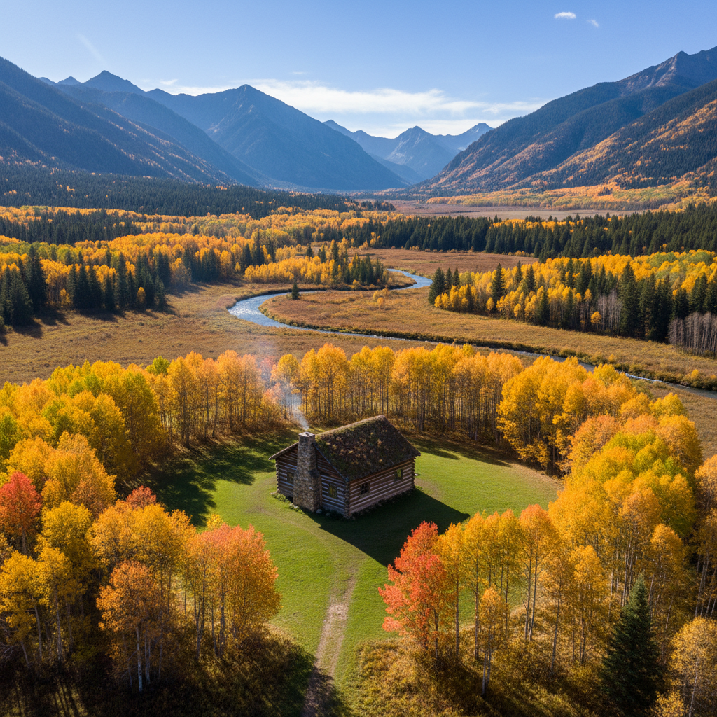 Aerial drone shot of a restored log cabin sitting in a mountain valley clearing, October aspens blazing gold against slate ridgelines