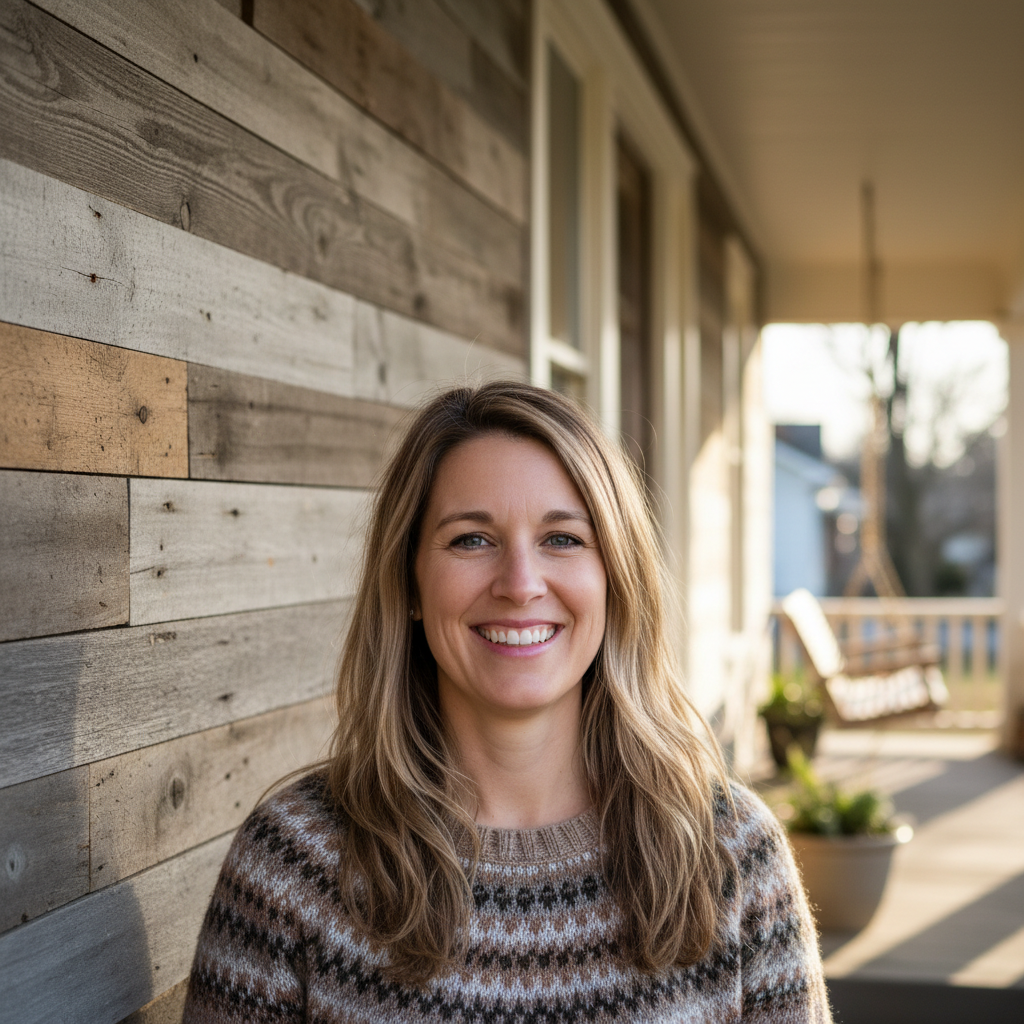 Priya Nambiar smiling in front of her restored 1920s foursquare home with reclaimed wood accent wall visible