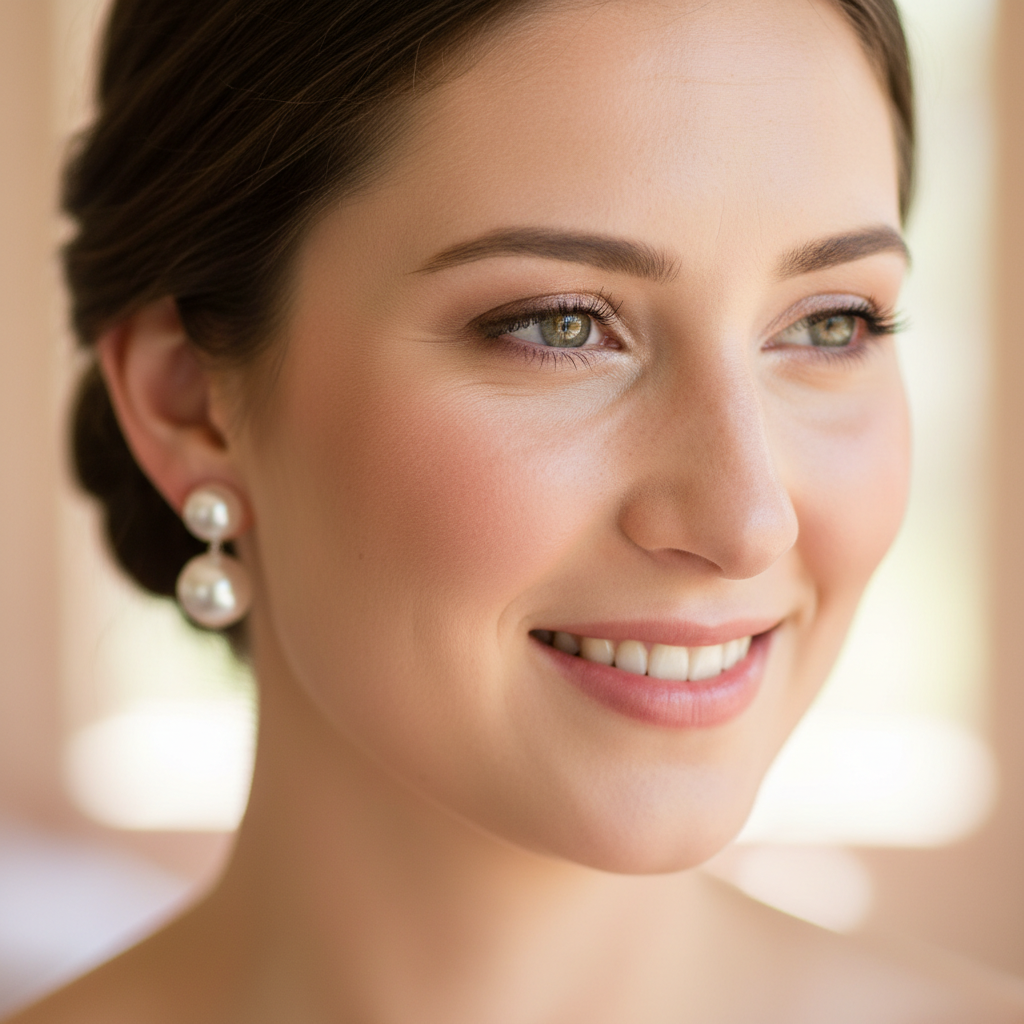 Woman in bridal party wearing matching pearl earrings