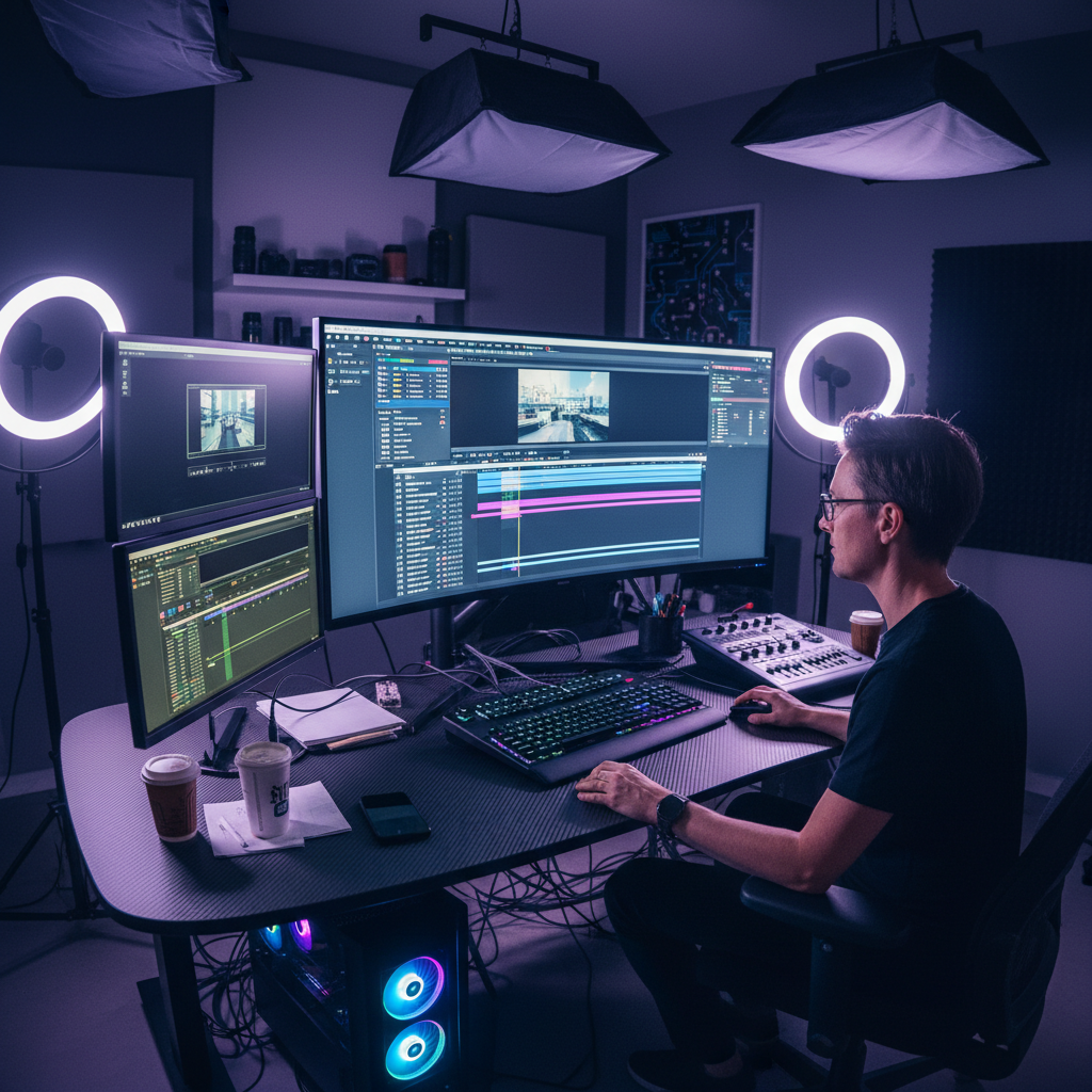 Dark editing suite with glowing monitors, cinematic low-key lighting, deep shadows, atmospheric purple-tinted environment