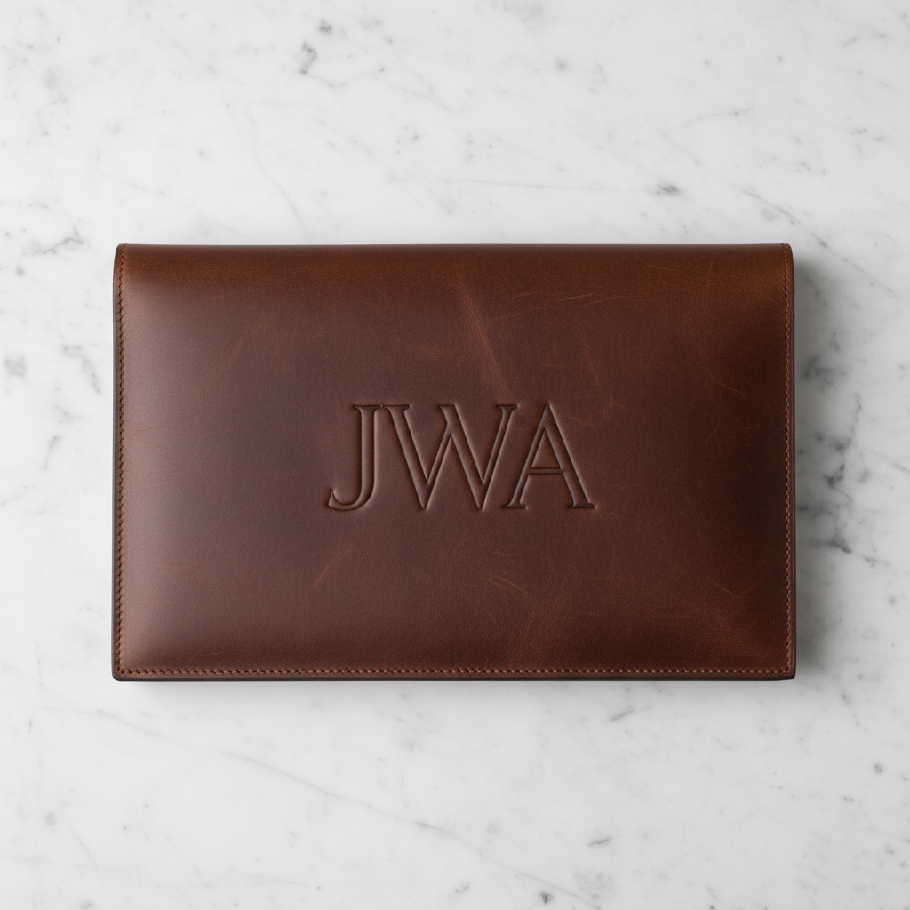 Dark cognac leather folio with blind-embossed monogram on marble surface