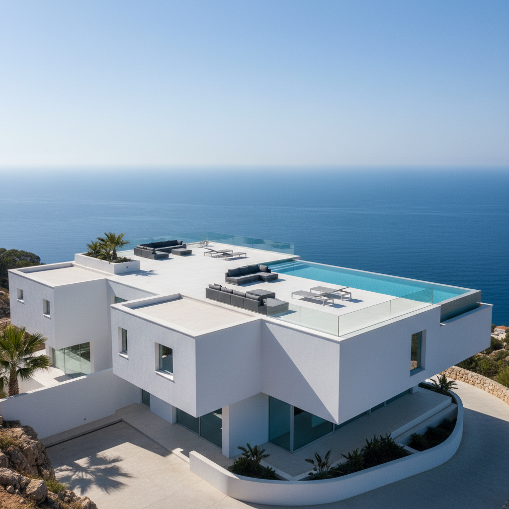Luxury villa with rooftop terrace and panoramic view, contemporary architecture, palm trees and garden