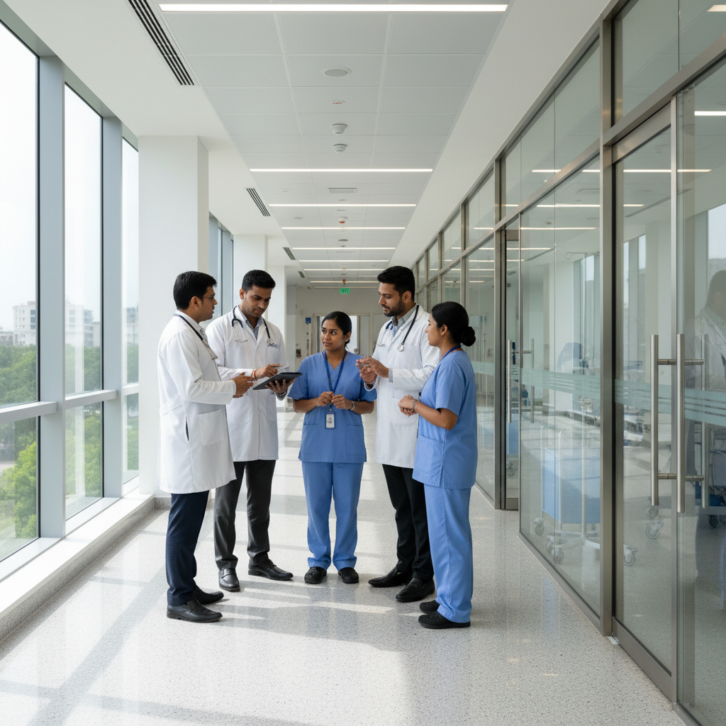 Syrona Medical Center team of doctors and nurses in a modern hospital corridor