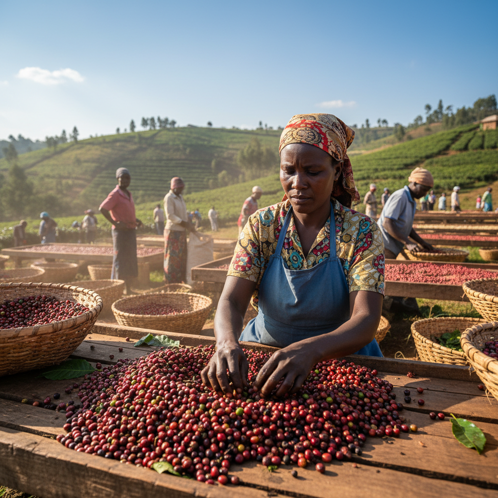 Kenyan farmer sorting green coffee beans by hand on a raised drying bed in Murang'a
