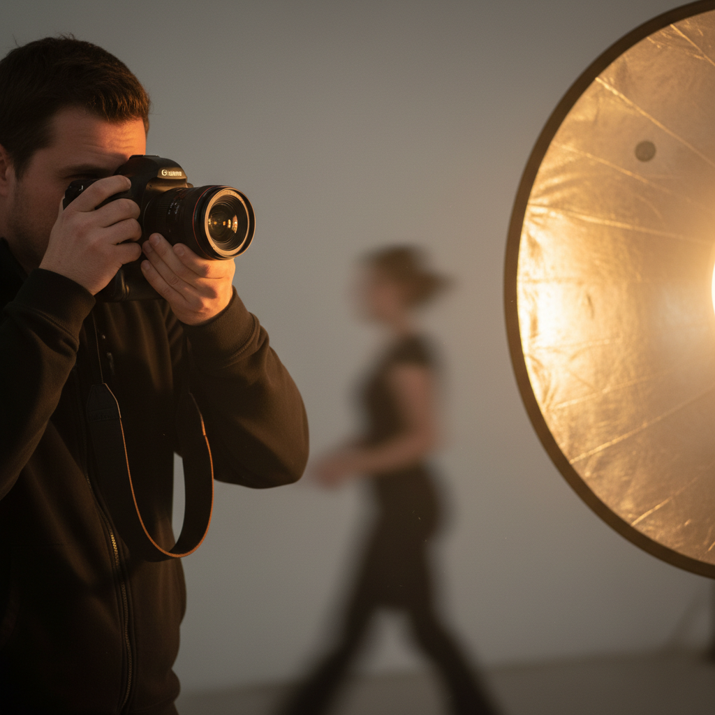 Photographer mid-shoot, camera raised, subject blurred in foreground, reflector catching warm light at edge of frame