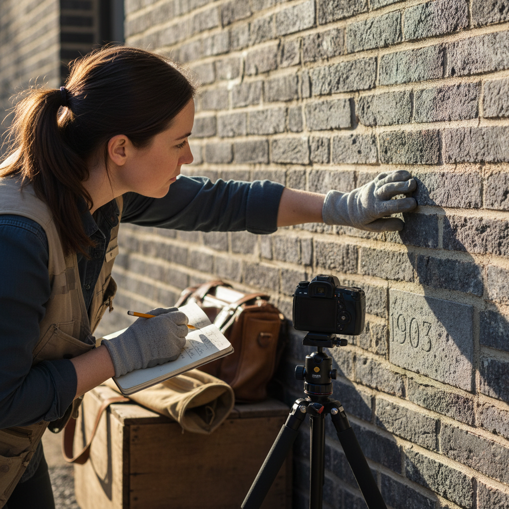 Preservation architect documenting Flemish bond pattern on 1903 Logan Square greystone for landmark commission review