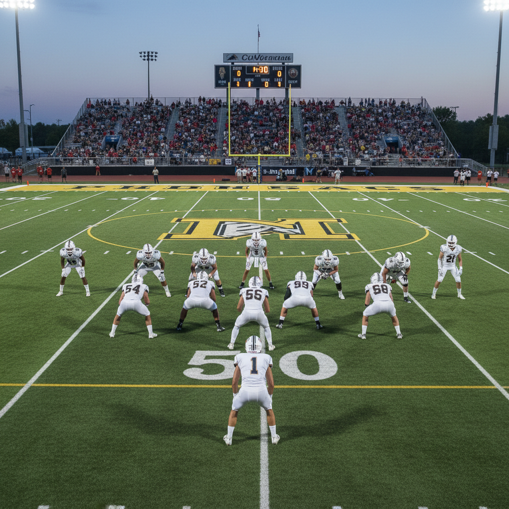 Youth football players in uniforms on a bright green field, afternoon sunlight, deep shadows, dark turf background