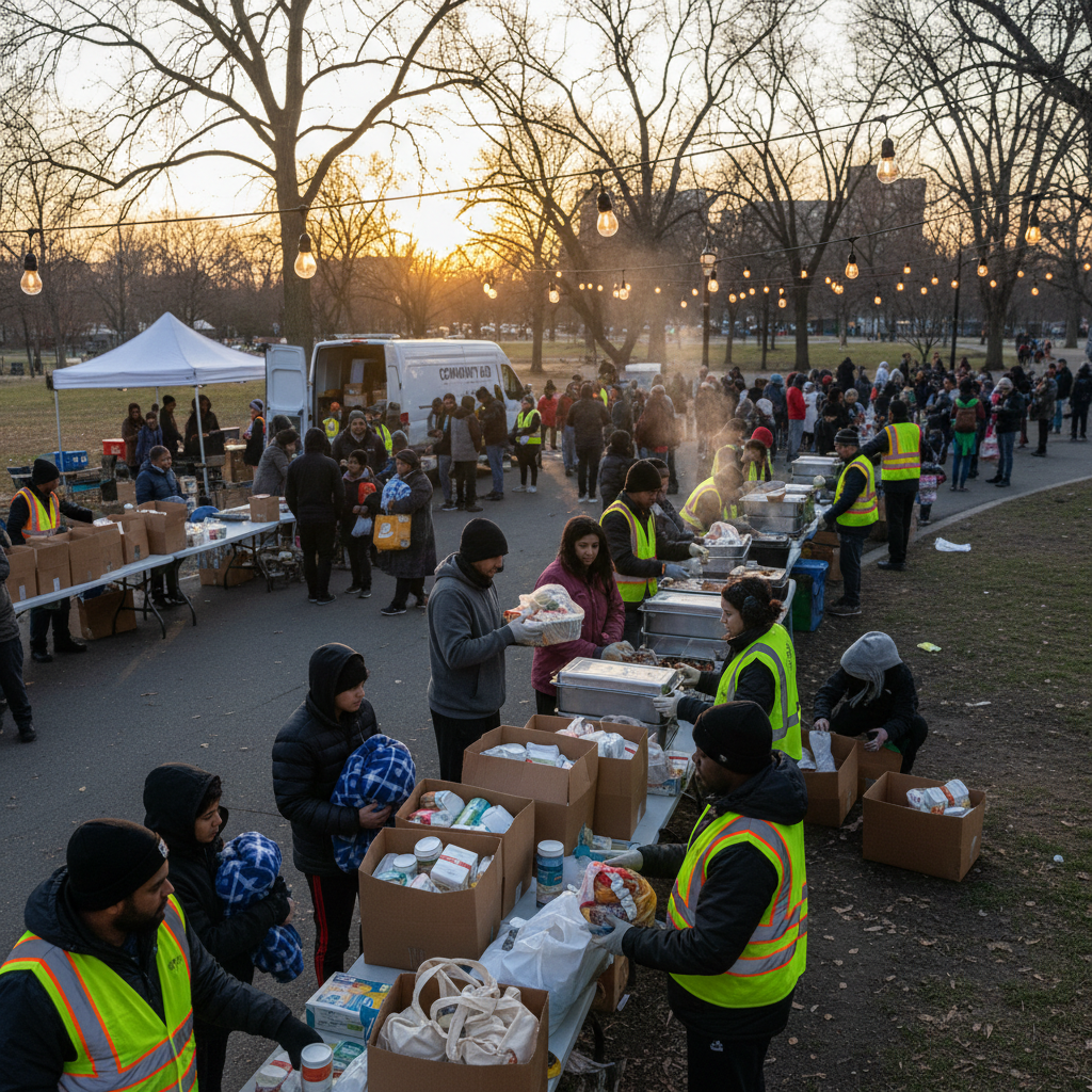 Volunteers distributing food in bright outdoor setting, community service, warm sunlight, people smiling
